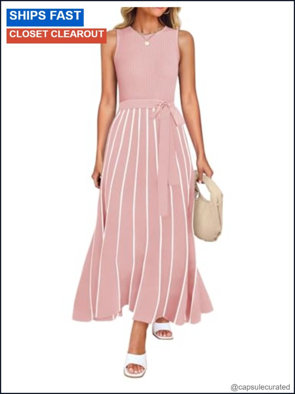 Sleeveless Ribbed Knit Tie Waist A Line Maxi Sweater Dress Petite